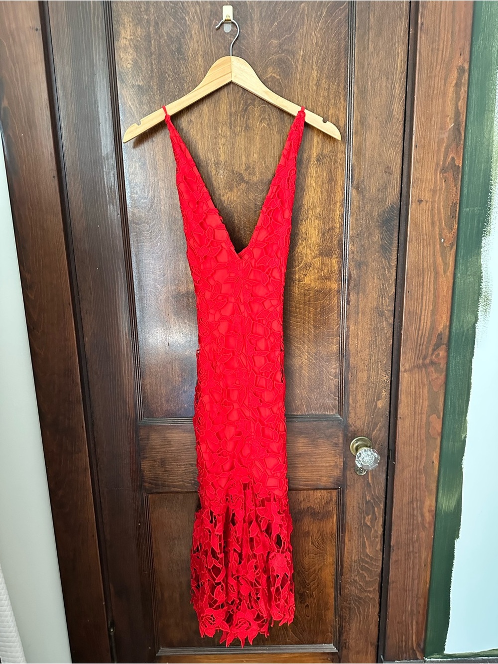 X x NDB Red Appliqué V-Neck Dress